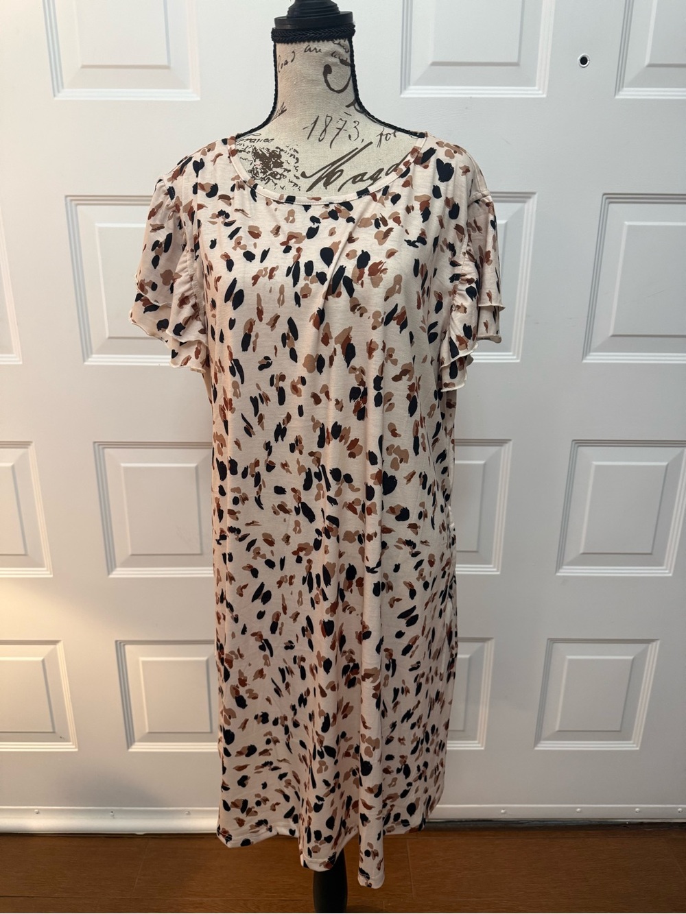 Women’s Beige Midi Dress with Brown & Black Print - Picture 1 of 13